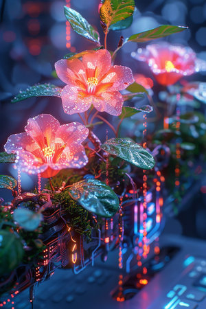 Hibiscus flower in the vase with LED light.の素材