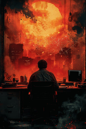 Man sitting at the desk in front of a computer monitor and looking at the cityの素材