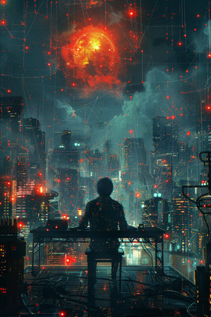 Man sitting on balcony and looking at night city. Futuristic cityscapeの素材