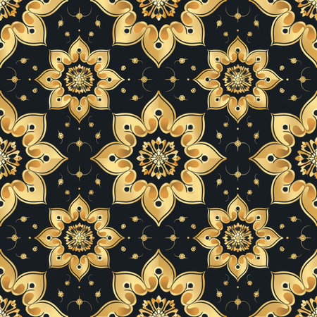 Seamless pattern with golden ornament on black background. Vector illustration.の素材
