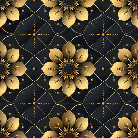 Seamless pattern with gold flowers on black background. Vector illustration.の素材