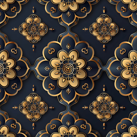 Seamless pattern with gold ornament on black background. Vector illustration.の素材