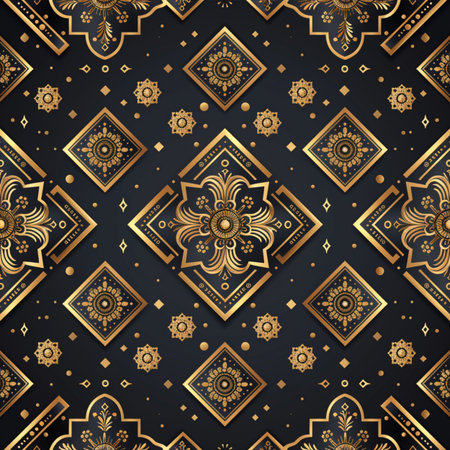 Luxury seamless pattern with gold ornaments on black backgroundの素材