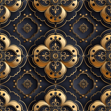 Seamless pattern with gold ornament on black background. Vector illustration.の素材