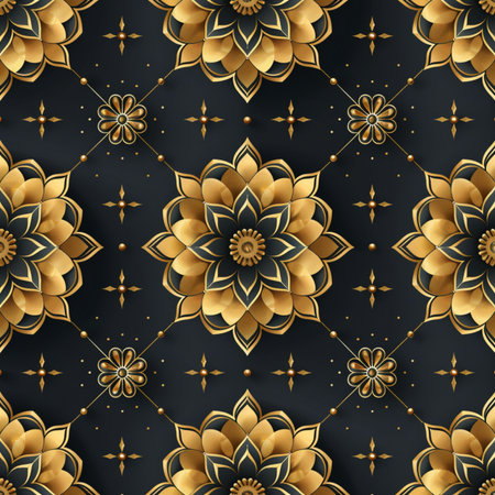 Seamless pattern with golden mandalas on black background. Vector illustration.の素材