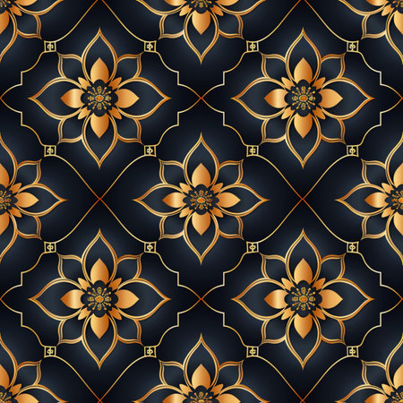 Seamless pattern of gold flowers on black background. Vector illustration.の素材