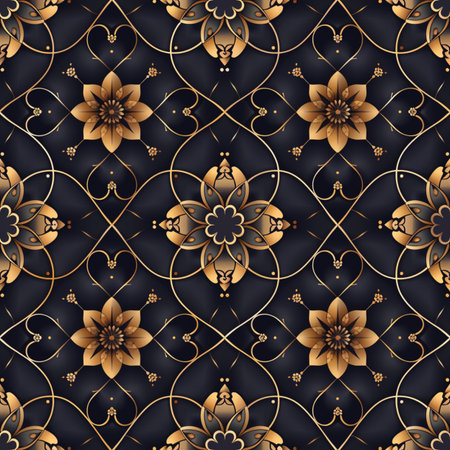 Seamless pattern with gold floral ornament on black background. Vector illustration.の素材