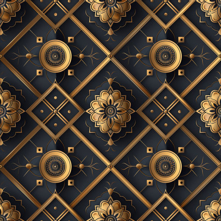 Seamless pattern with gold ornament on a black background. Vector illustration.の素材