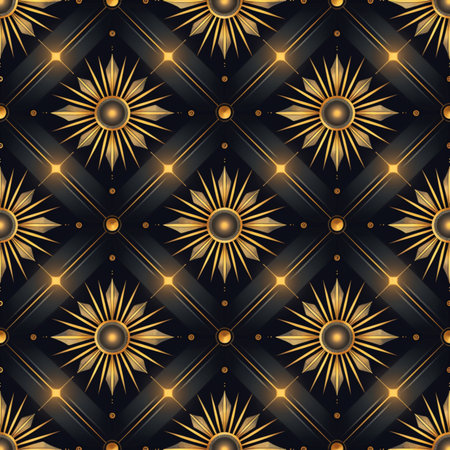 Vector seamless pattern with sun and stars in gold and black colors. Luxury background.の素材