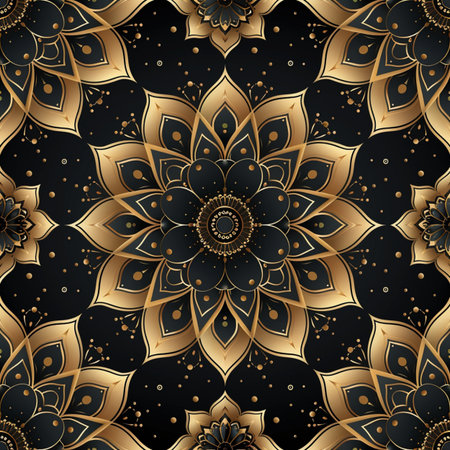 Seamless vintage pattern on a black background with golden elements.の素材