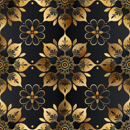 Seamless pattern with gold flowers on black background. Vector illustration.の素材