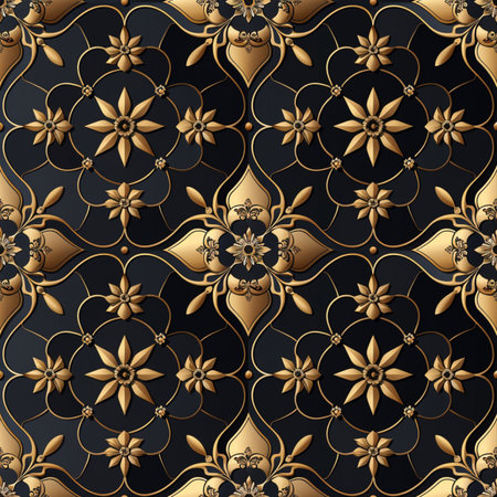Seamless pattern with gold ornament on black background. Vector illustration.の素材