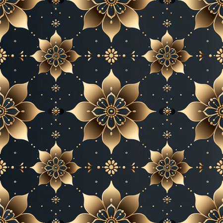 Seamless pattern with gold floral ornament on dark blue background. Vector illustration.の素材