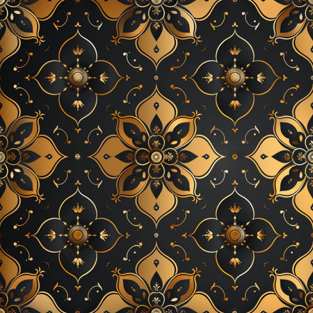 Seamless pattern with gold elements on a black background. Vector illustration.の素材