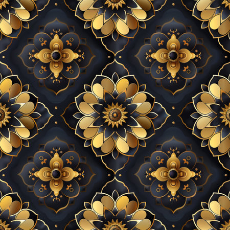 Seamless pattern with gold flowers on black background. Vector illustration.の素材