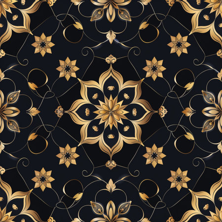 Seamless pattern with gold floral ornament on black background. Vector illustration.の素材