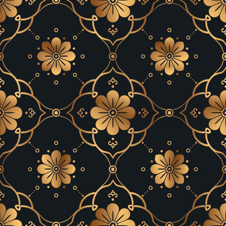 Seamless pattern with gold flowers on a black background. Vector illustration.の素材