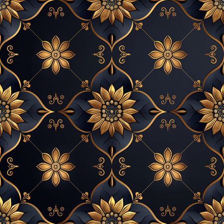 Seamless pattern with gold and black flowers on dark background.の素材