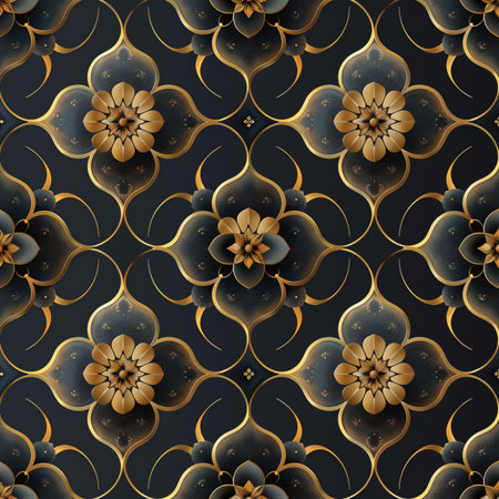 Seamless pattern with gold and black floral ornament. Vector background.の素材