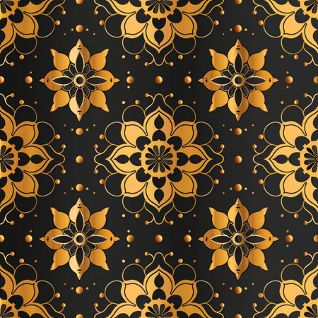 Seamless pattern with golden mandalas on a black backgroundの素材