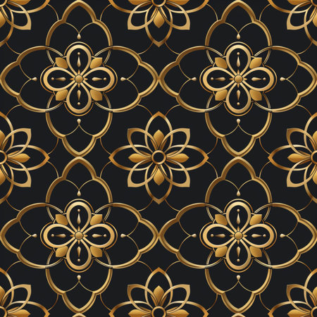 Seamless pattern with gold flowers on a black background. Vector illustration.の素材