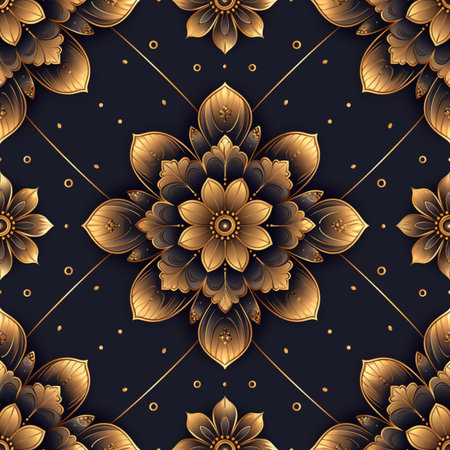 Seamless pattern with gold flowers on dark blue background. Vector illustration.の素材