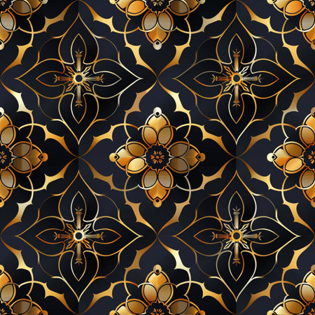 Seamless pattern with gold ornaments on black background.の素材