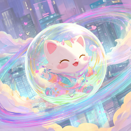 Cute cat in a bubble on the background of the night cityの素材