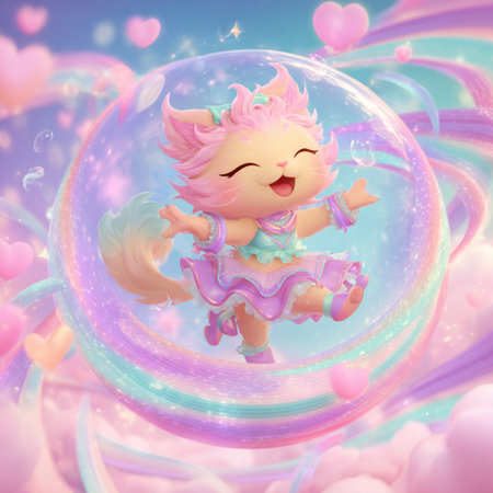 Cute cartoon unicorn in a pink dress on a background of rainbow.の素材