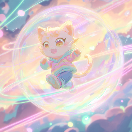 Illustration of cute little cat sitting on the background of the rainbowの素材