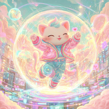 Cute cartoon kawaii cat with rainbow colors in the cityの素材