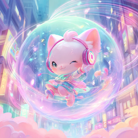 Cute pink kawaii girl with headphones listening to music in a bubbleの素材