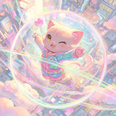 Cute cat on a background of the night city. Illustration.の素材