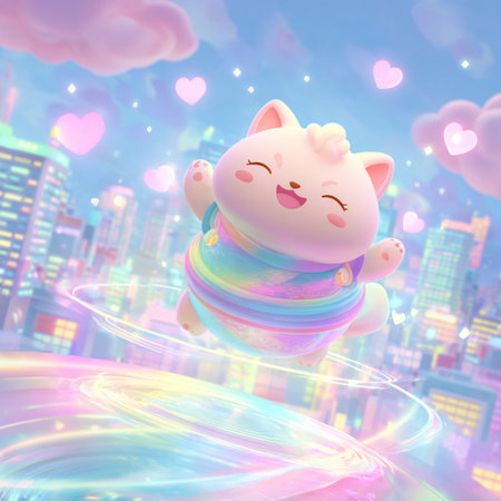 cute kawaii cat on the background of the night cityの素材