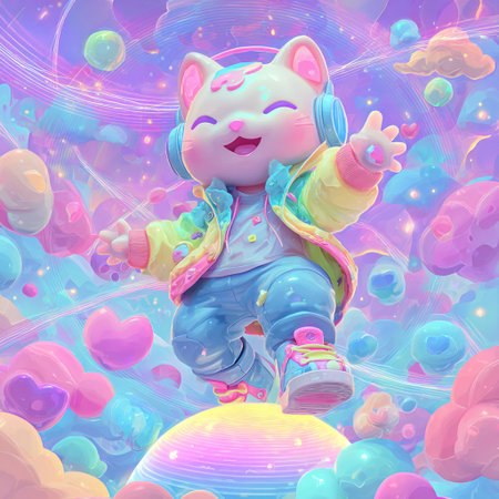 Cute cartoon cat with headphones listening to music on a cosmic backgroundの素材