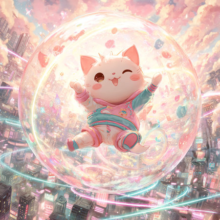 Kawaii cat in a bubble with light and clouds in the backgroundの素材