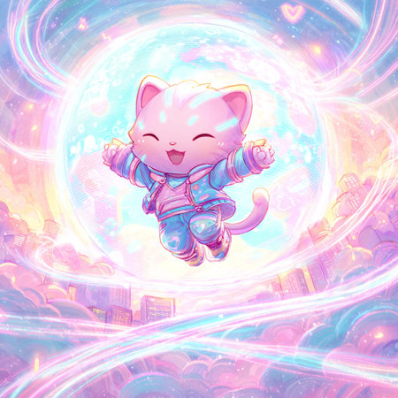 Cute cartoon cat on the sky background. Colorful illustrations.の素材
