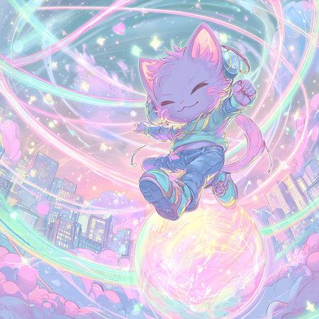 Cute cat on a background of the night city. Vector illustration.の素材