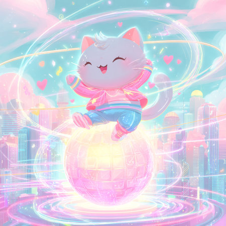 Cute cat in pink clothes sits on the globe. Vector illustration.の素材