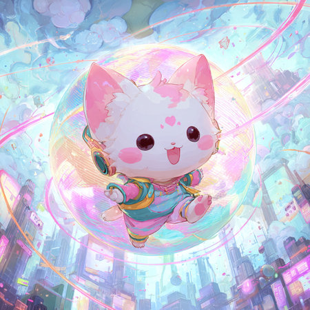 Cute cartoon cat in a colorful dress on the background of the cityの素材