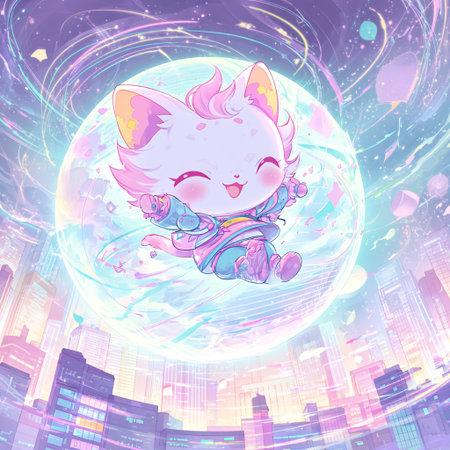 Cute cat in the night city. Vector illustration for your designの素材