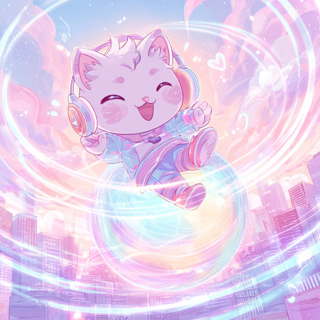 Vector illustration of a cute cat with headphones listening to music in the cityの素材