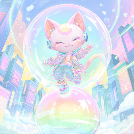 Illustration of a cute pink cat in the city in the bubbleの素材