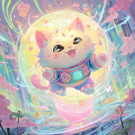 Cute cat in a space suit on a background of the planet.の素材