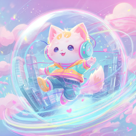 Kawaii cat with headphones on the background of the city.の素材