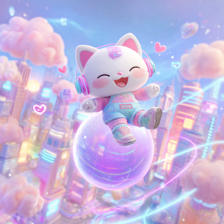 3d illustration of a cute white cat with headphones in the cityの素材