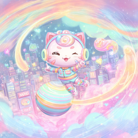 Cute kawaii cat in pink headphones with a ball on the background of the cityの素材