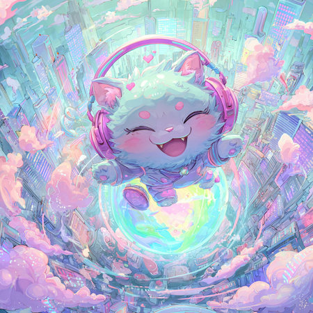 Cute cat in headphones listening to music and dancing in the cityの素材
