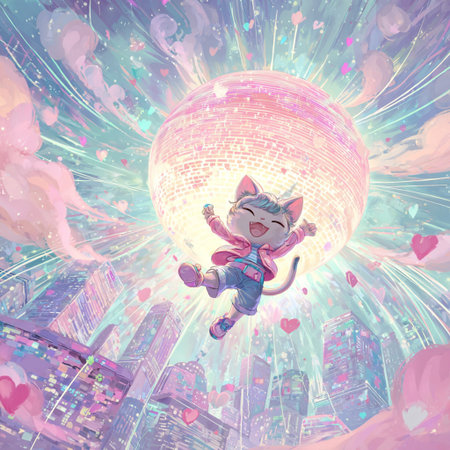 Cute cartoon cat flying in the sky with a big ball of loveの素材
