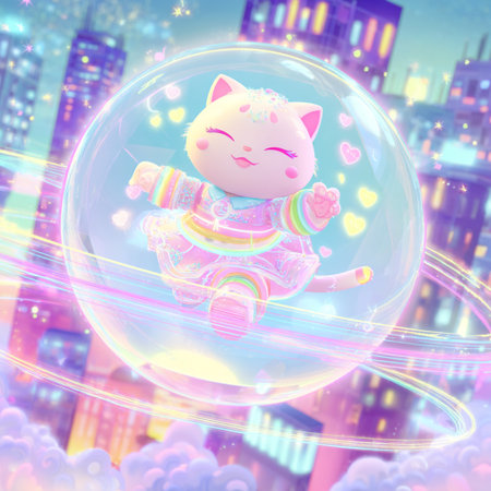 Illustration of a cute pink cat in a bubble in the cityの素材